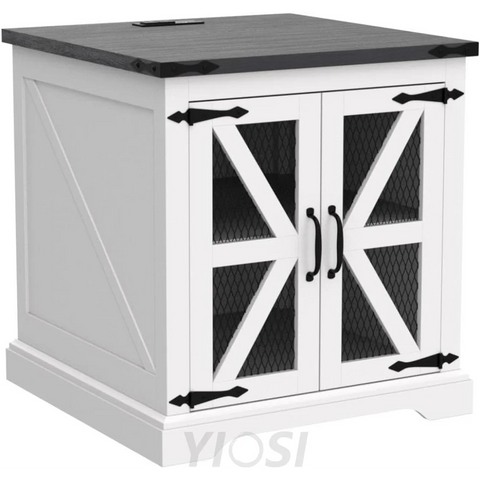 Farmhouse End Table with Charging Station, Rustic Wood Nightstand