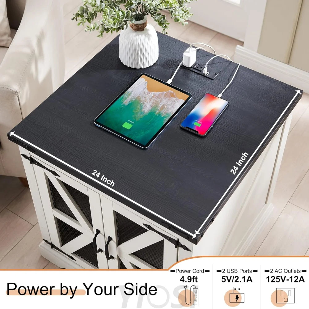 Farmhouse End Table with Charging Station, Rustic Wood Nightstand