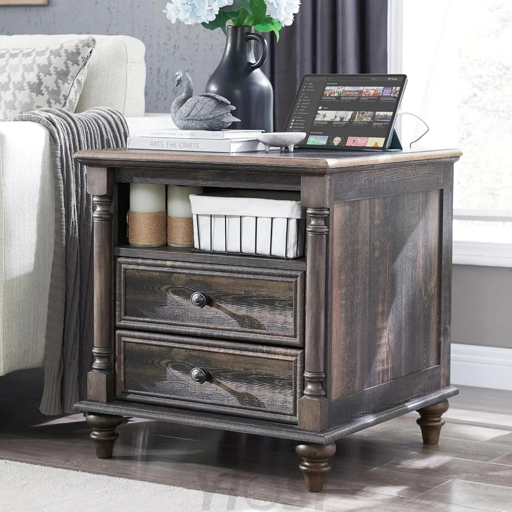 Farmhouse End Table with Charging Station & Solid Wood Feet