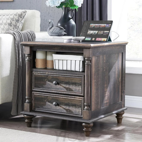Farmhouse End Table with Charging Station & Solid Wood Feet