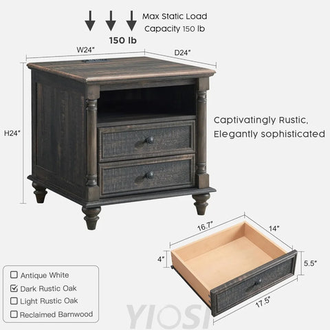 Farmhouse End Table with Charging Station & Solid Wood Feet