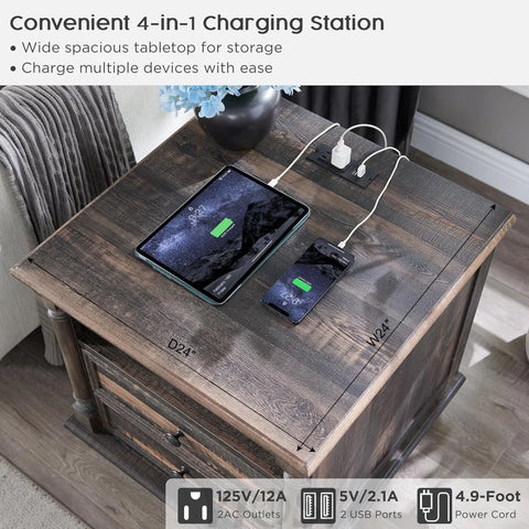 Farmhouse End Table with Charging Station & Solid Wood Feet