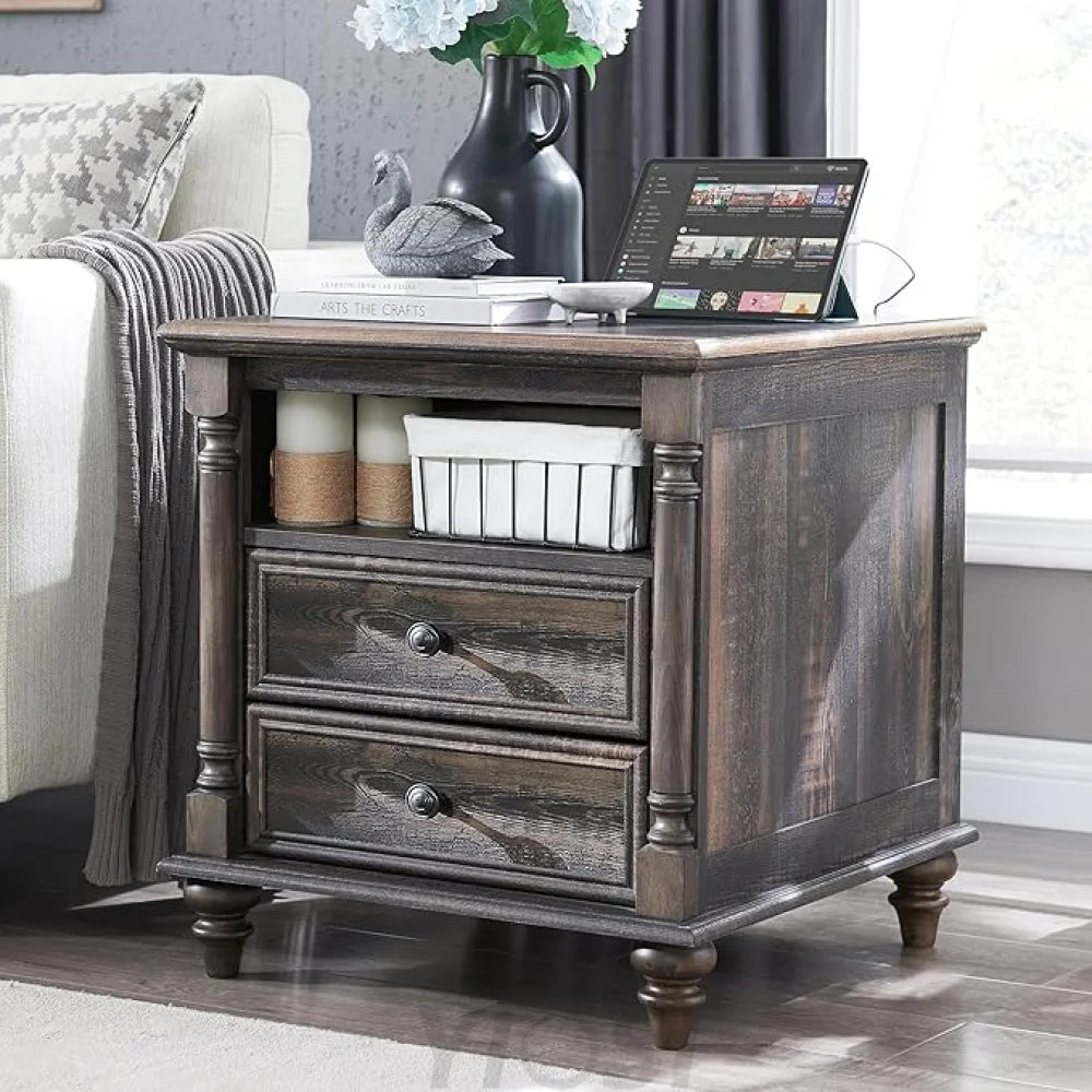 Farmhouse End Table with Charging Station & Solid Wood Feet