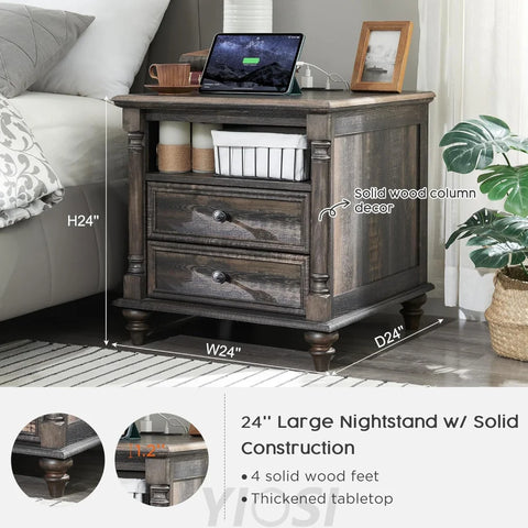 Farmhouse End Table with Charging Station & Solid Wood Feet