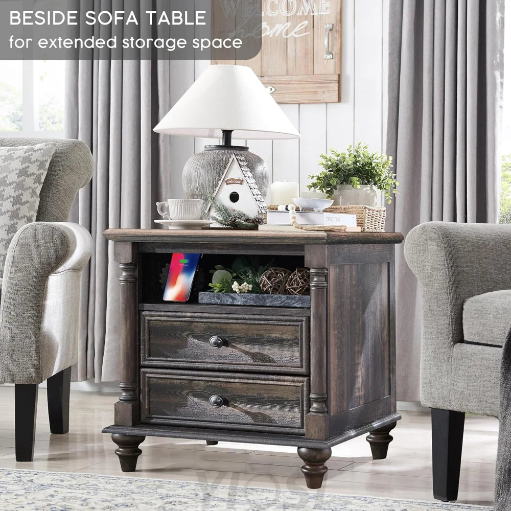Farmhouse End Table with Charging Station & Solid Wood Feet