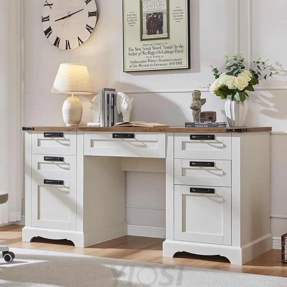 Farmhouse Executive Desk 60" with Charging Station, Antique White