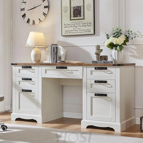 Farmhouse Executive Desk 60" with Charging Station, Antique White