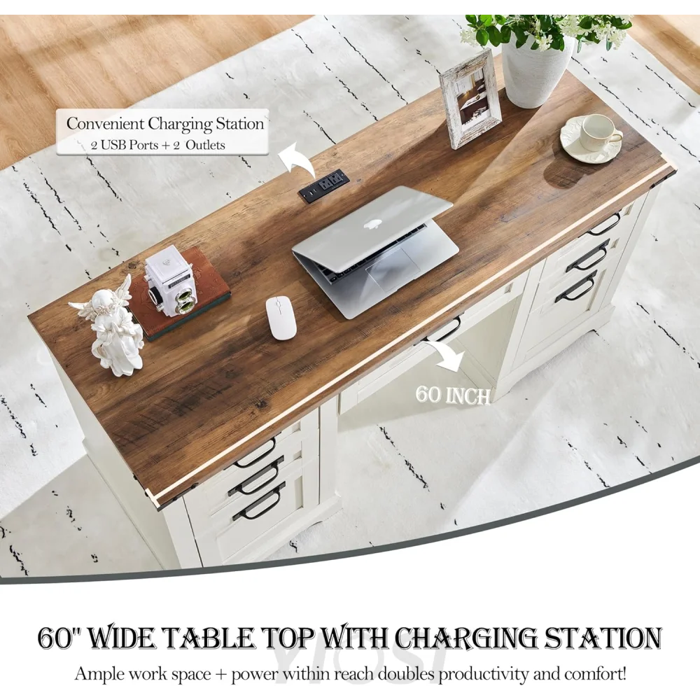 Farmhouse Executive Desk 60" with Charging Station, Antique White