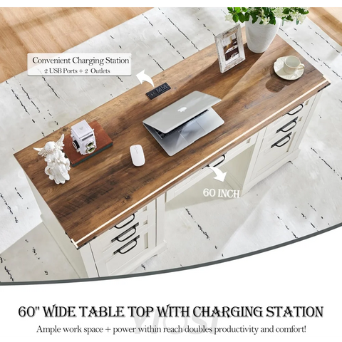 Farmhouse Executive Desk 60" with Charging Station, Antique White