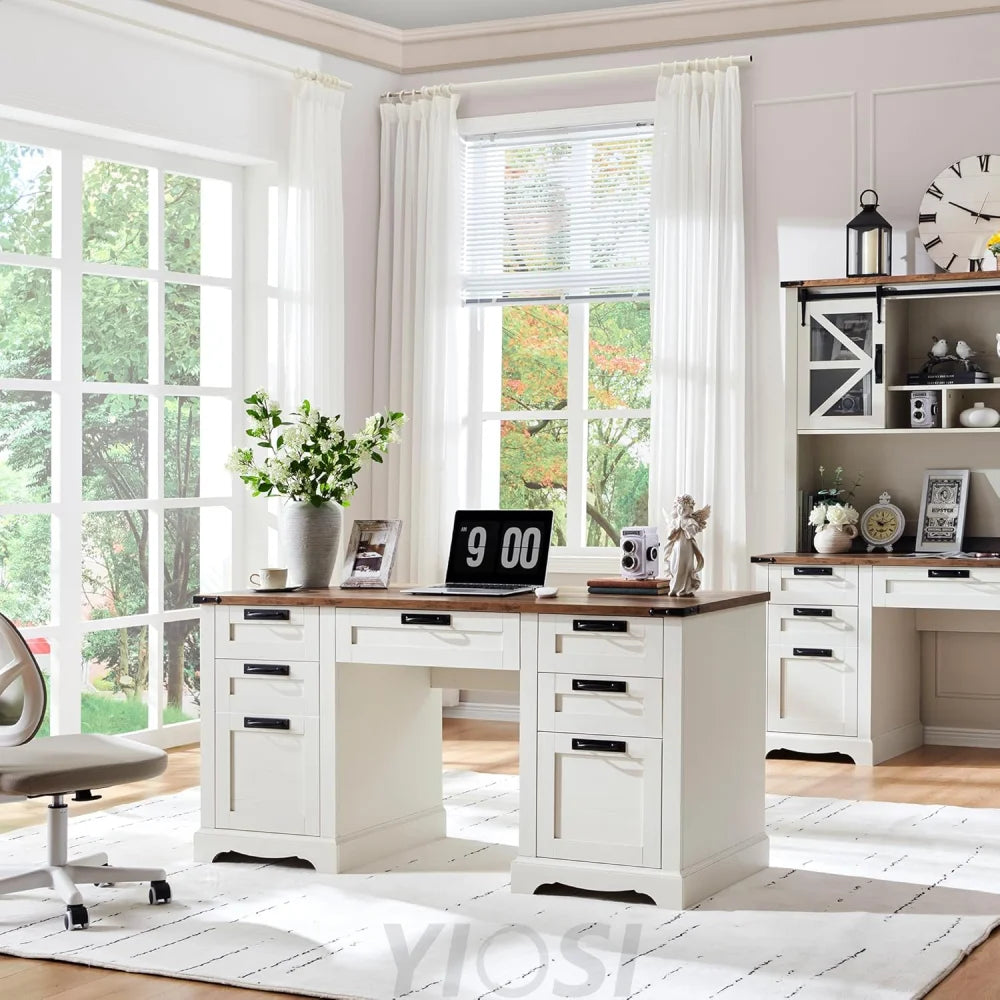 Farmhouse Executive Desk 60" with Charging Station, Antique White