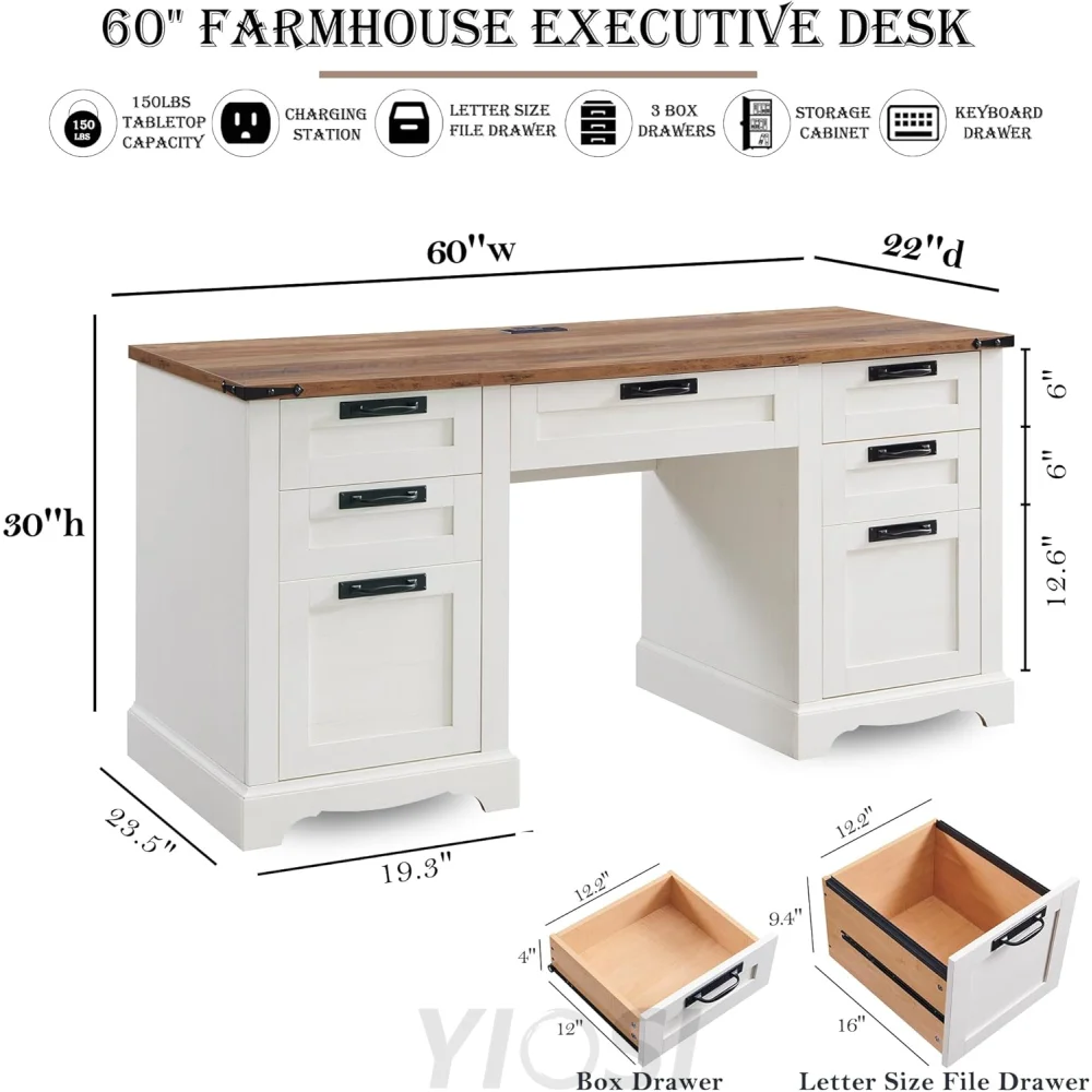 Farmhouse Executive Desk 60" with Charging Station, Antique White