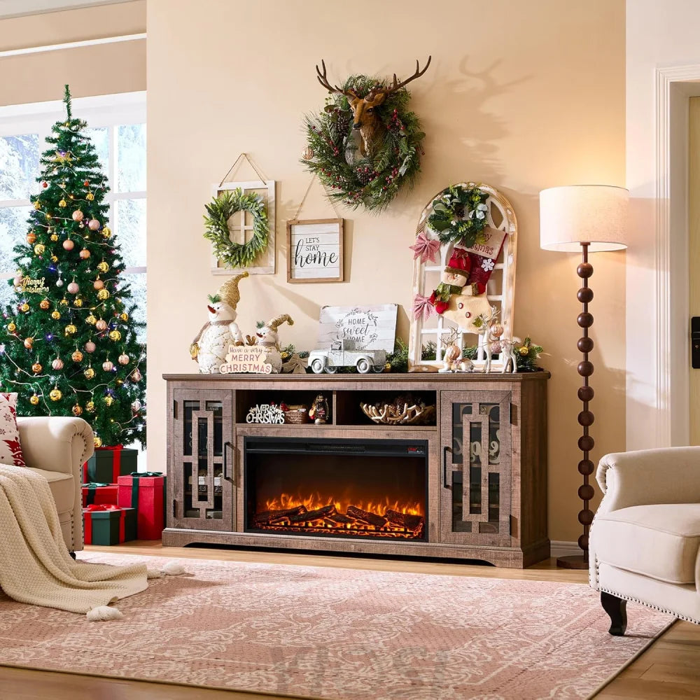JXQTLINGMU Farmhouse Fireplace TV Stand for 80 Inch TV with Shelves