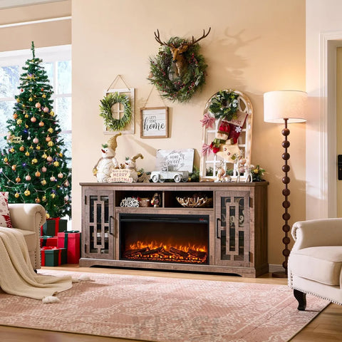 JXQTLINGMU Farmhouse Fireplace TV Stand for 80 Inch TV with Shelves