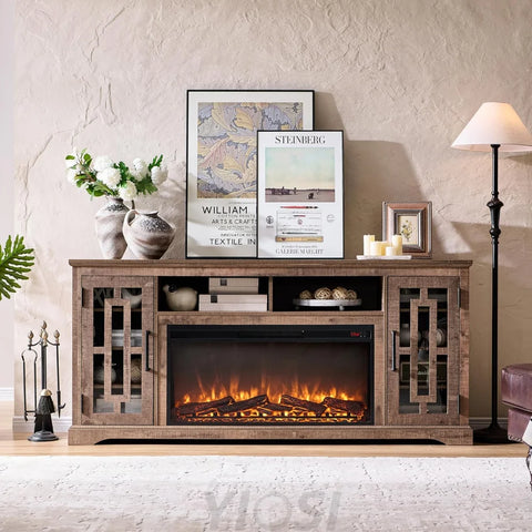 JXQTLINGMU Farmhouse Fireplace TV Stand for 80 Inch TV with Shelves