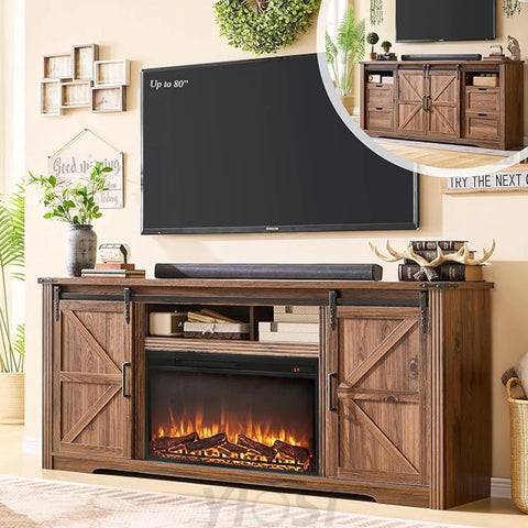 Farmhouse Fireplace TV Stand for 80 Inch TV Entertainment Center