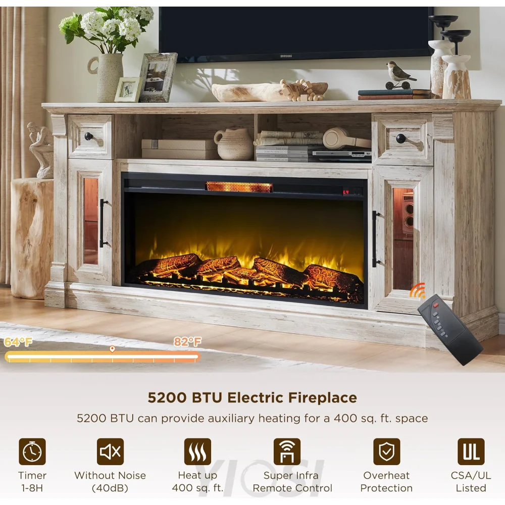 OKD Farmhouse Fireplace TV Stand for 80 Inch TVs