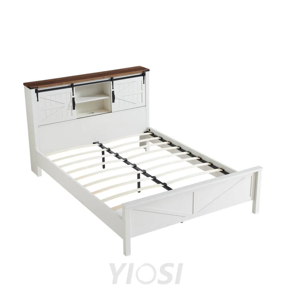 Farmhouse Full Size Bed Frame with Bookcase Headboard and Charging