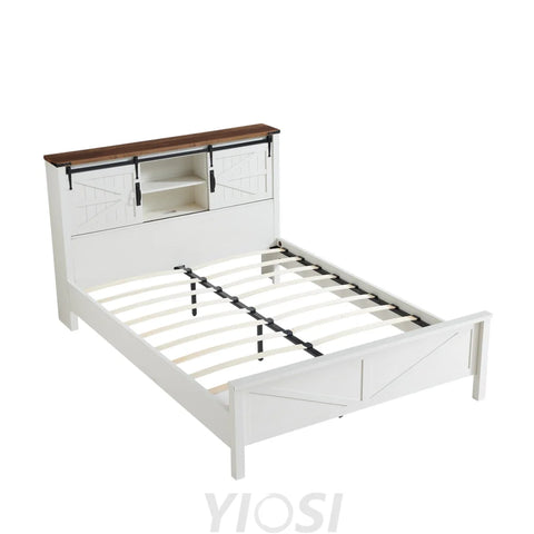 Farmhouse Full Size Bed Frame with Bookcase Headboard and Charging