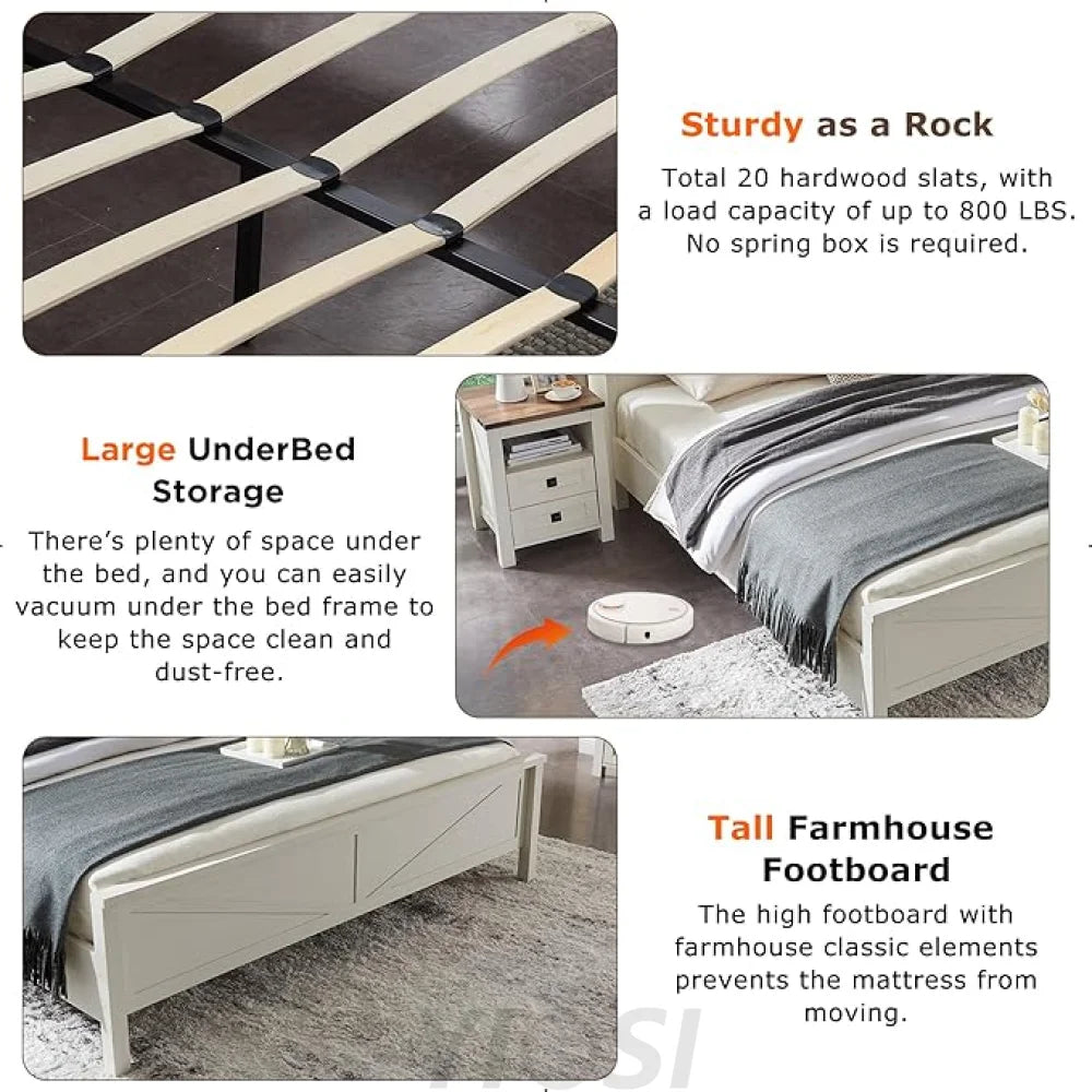 Farmhouse Full Size Bed Frame with Bookcase Headboard and Charging