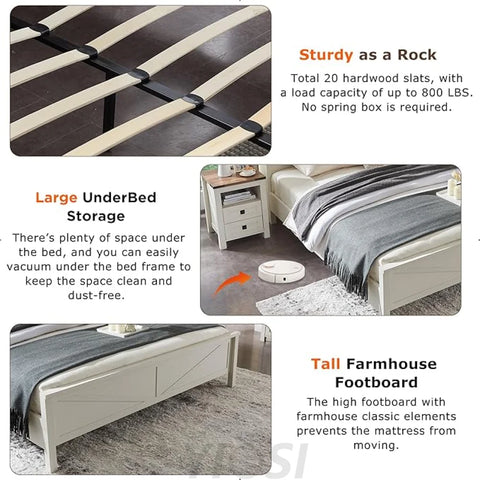 Farmhouse Full Size Bed Frame with Bookcase Headboard and Charging