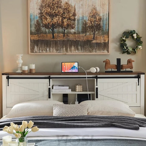 Farmhouse Full Size Bed Frame with Bookcase Headboard and Charging