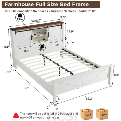 Farmhouse Full Size Bed Frame with Bookcase Headboard and Charging