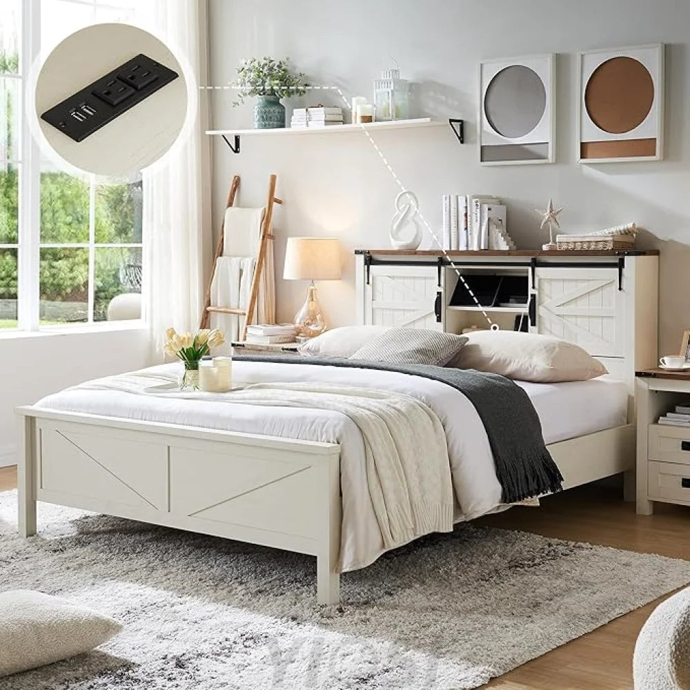 Farmhouse Full Size Bed Frame with Bookcase Headboard and Charging