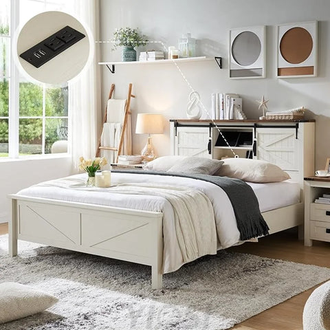 Farmhouse Full Size Bed Frame with Bookcase Headboard and Charging