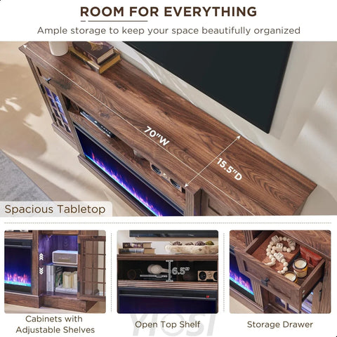 Farmhouse Highboy Entertainment Center with LED Lights and Electric Fireplace