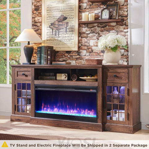 Farmhouse Highboy Entertainment Center with LED Lights and Electric Fireplace