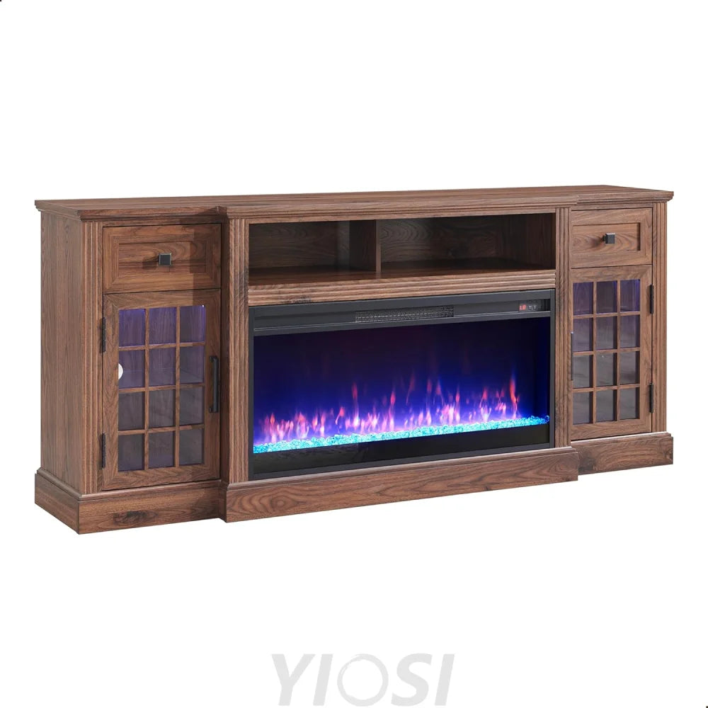 Farmhouse Highboy Entertainment Center with LED Lights and Electric Fireplace
