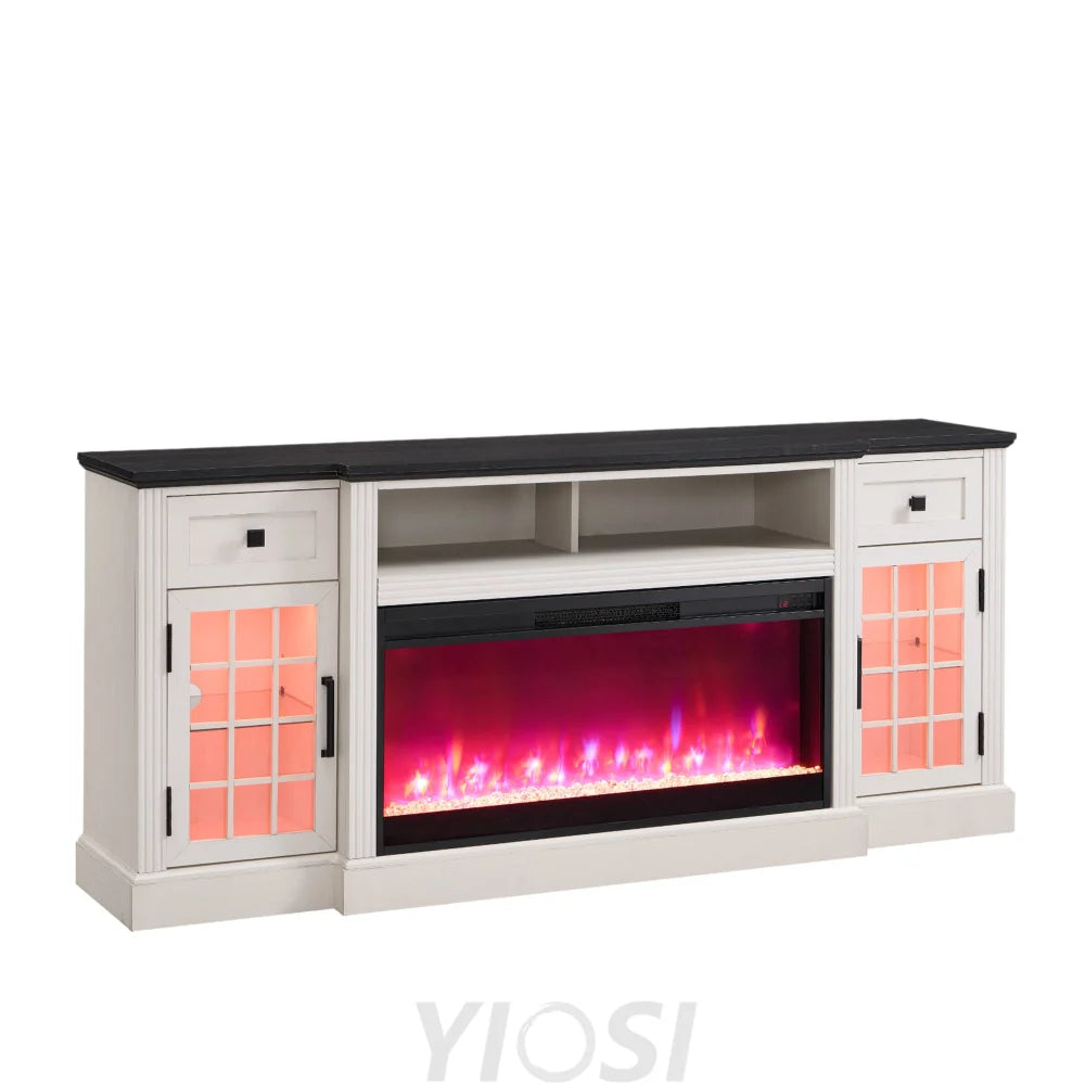 Farmhouse Highboy Entertainment Center with LED Lights and Electric Fireplace