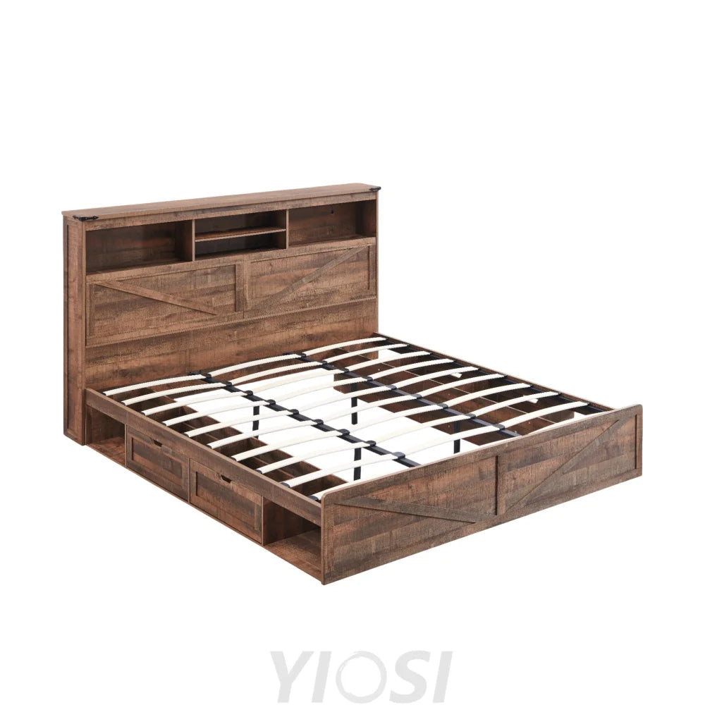 Farmhouse King Bed Frame with Storage Headboard Drawers & LED