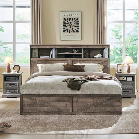 Farmhouse King Bed Frame with Storage Headboard, Drawers & LED