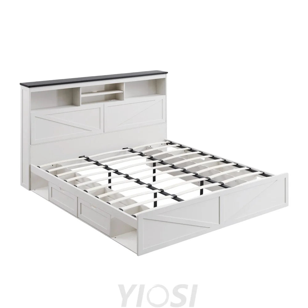 Farmhouse King Bed Frame with Storage Headboard Drawers & LED