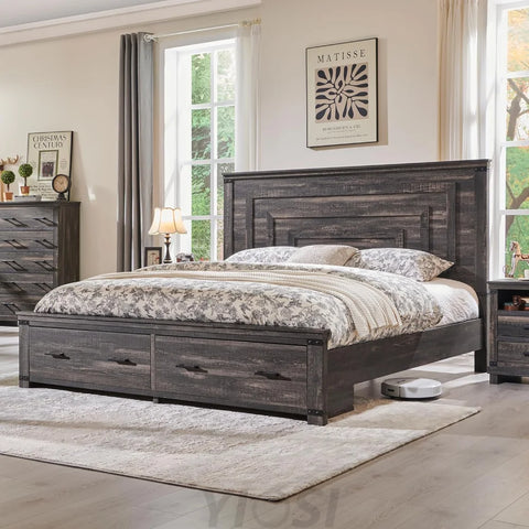 Farmhouse King Size Wood Bed Frame with Storage Drawers