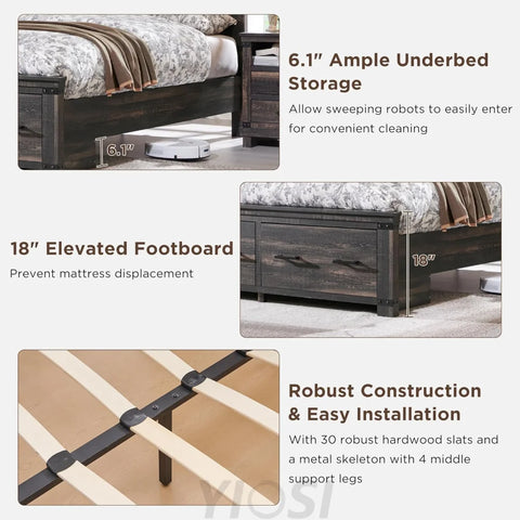 Farmhouse King Size Wood Bed Frame with Storage Drawers