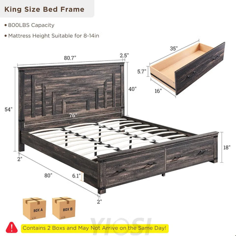 Farmhouse King Size Wood Bed Frame with Storage Drawers