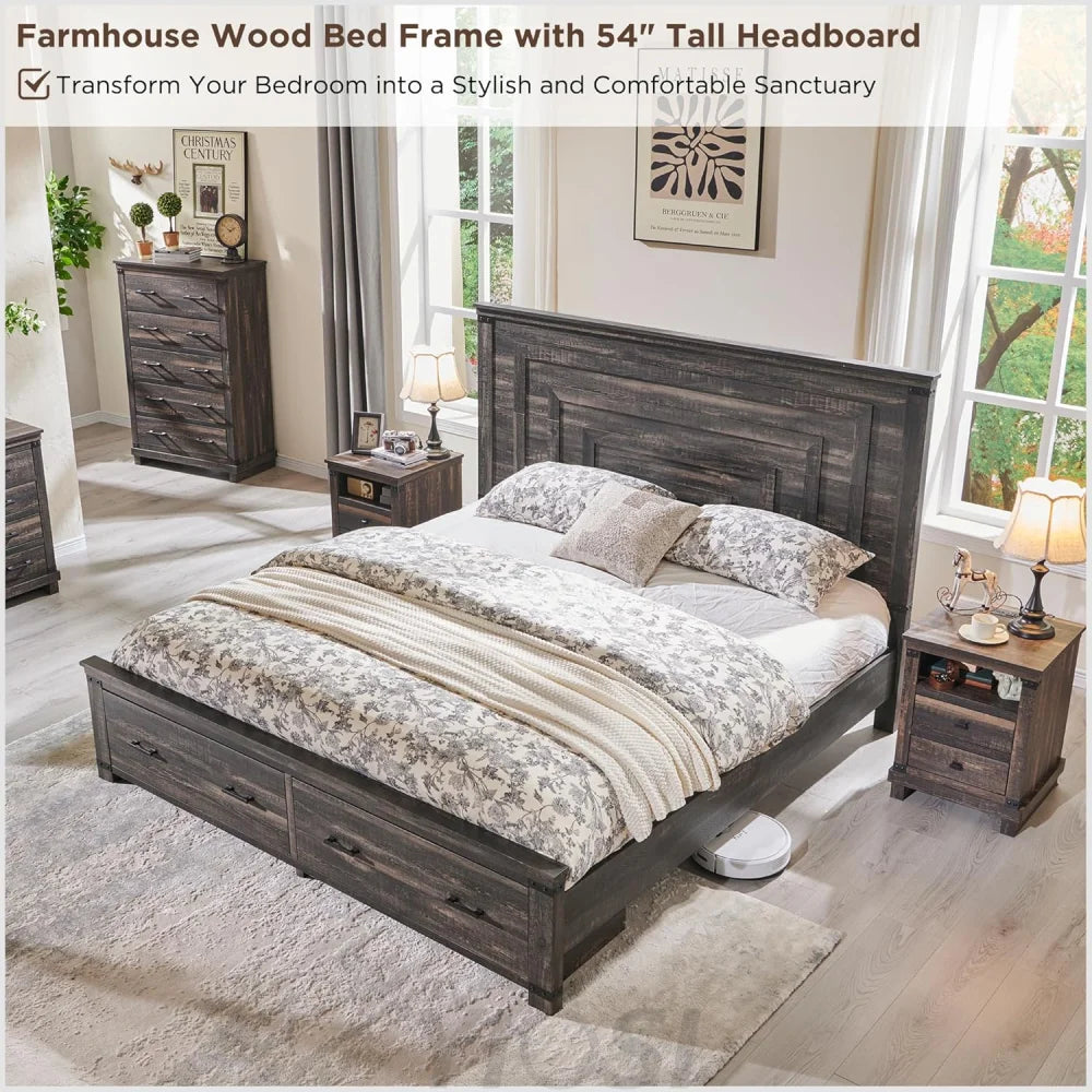 Farmhouse King Size Wood Bed Frame with Storage Drawers
