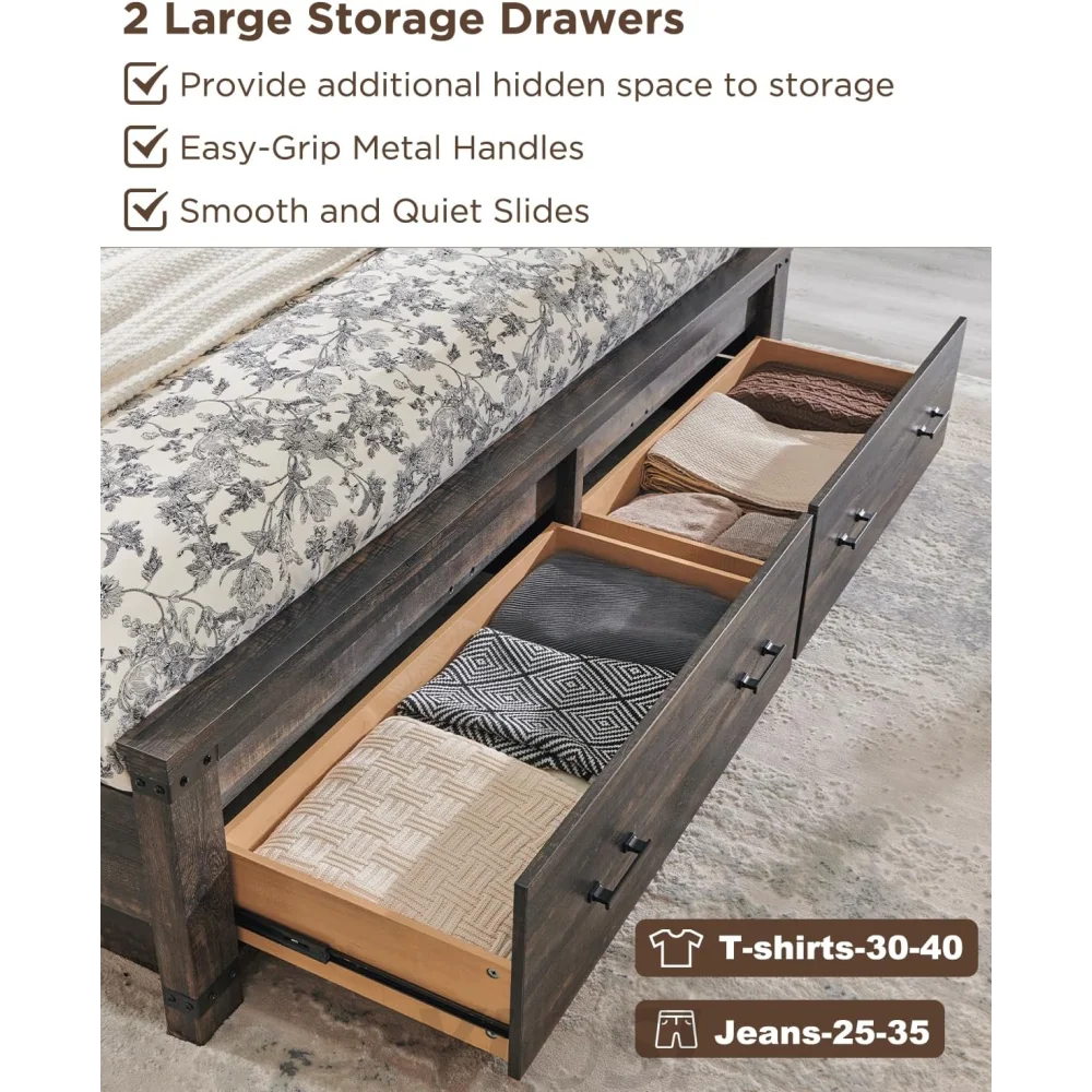 Farmhouse King Size Wood Bed Frame with Storage Drawers