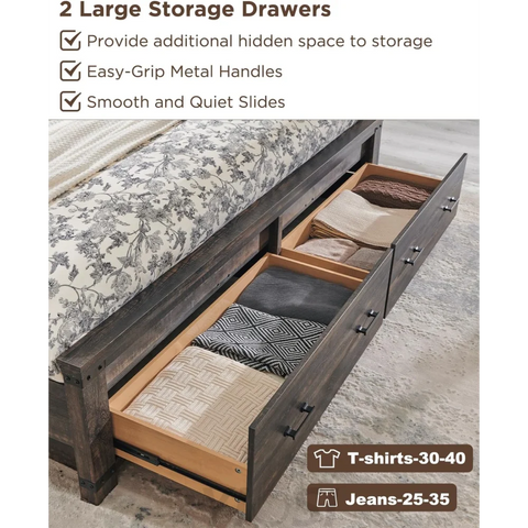Farmhouse King Size Wood Bed Frame with Storage Drawers