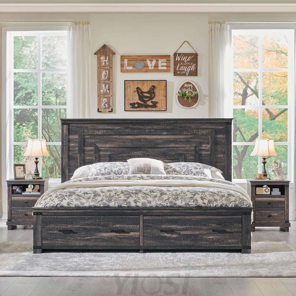 Farmhouse King Size Wood Bed Frame with Storage Drawers