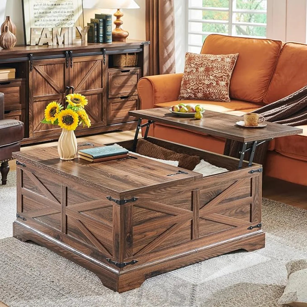 Farmhouse Lift Top Coffee Table with Storage Compartment Rustic Brown