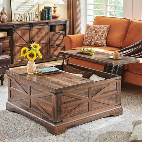 Farmhouse Lift Top Coffee Table with Storage Compartment Rustic Brown