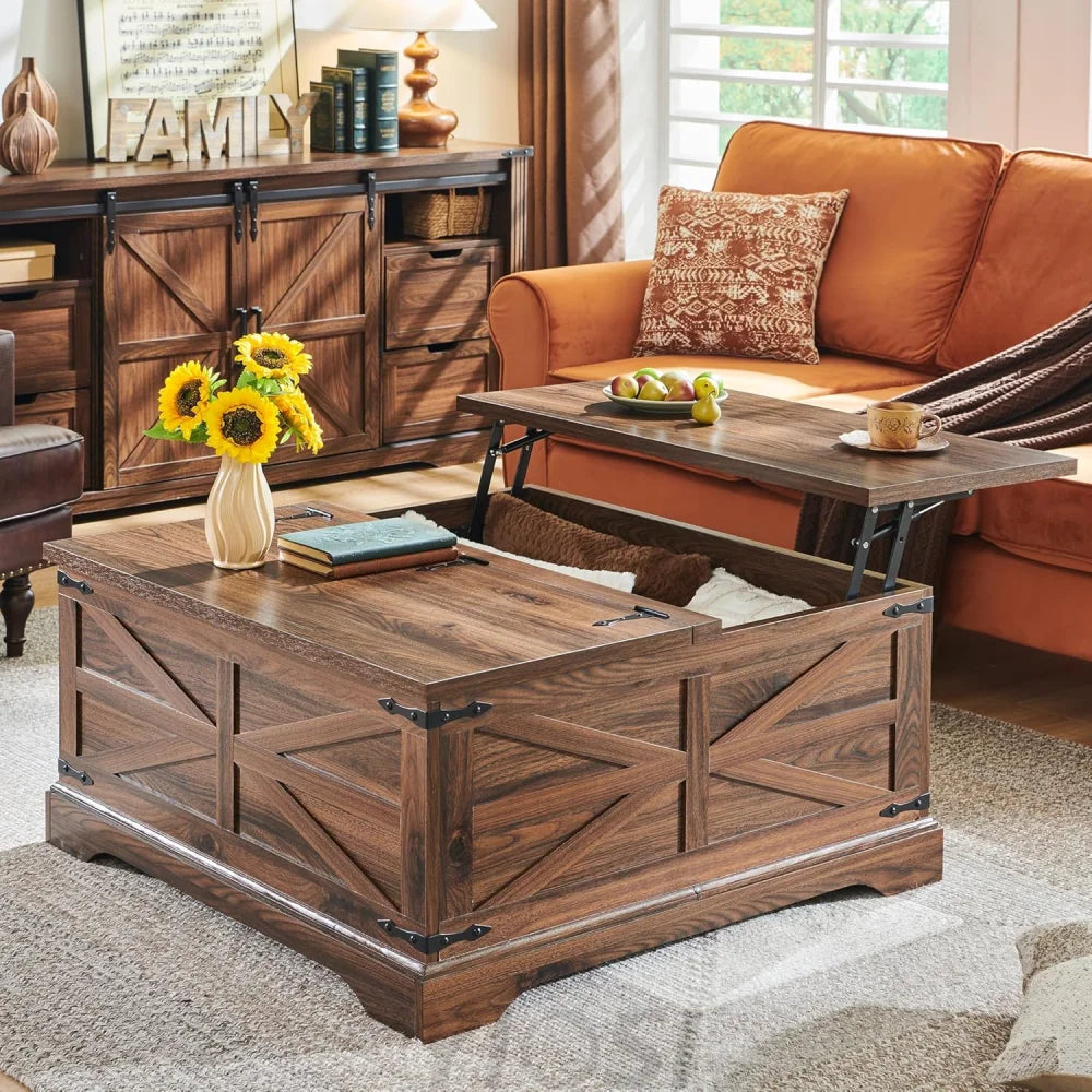 Farmhouse Lift Top Coffee Table with Storage Compartment Rustic Brown