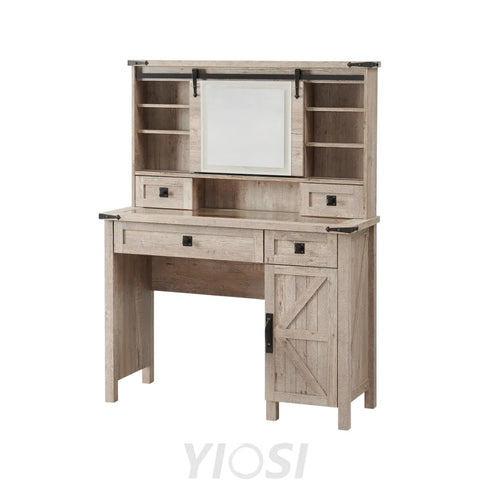 Farmhouse Makeup Vanity Desk with Sliding Mirror and Lights