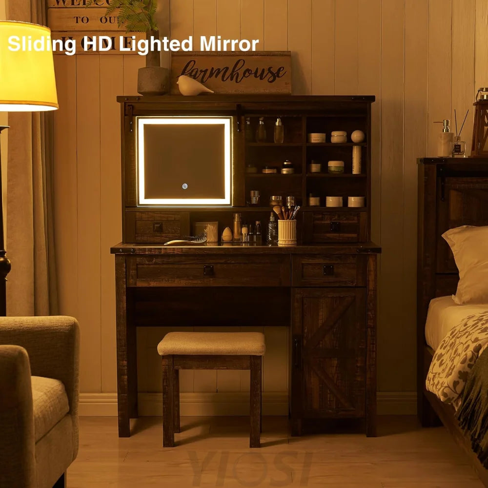Farmhouse Makeup Vanity Desk with Sliding Mirror and Lights, Rustic Oak
