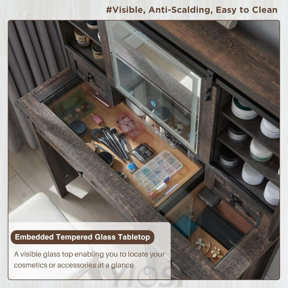 Farmhouse Makeup Vanity Desk with Sliding Mirror and Lights, Rustic Oak