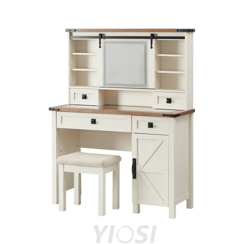 Farmhouse Makeup Vanity Desk with Sliding Mirror and Lights