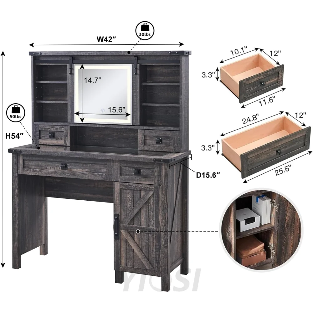 Farmhouse Makeup Vanity Desk with Sliding Mirror and Lights, Rustic Oak